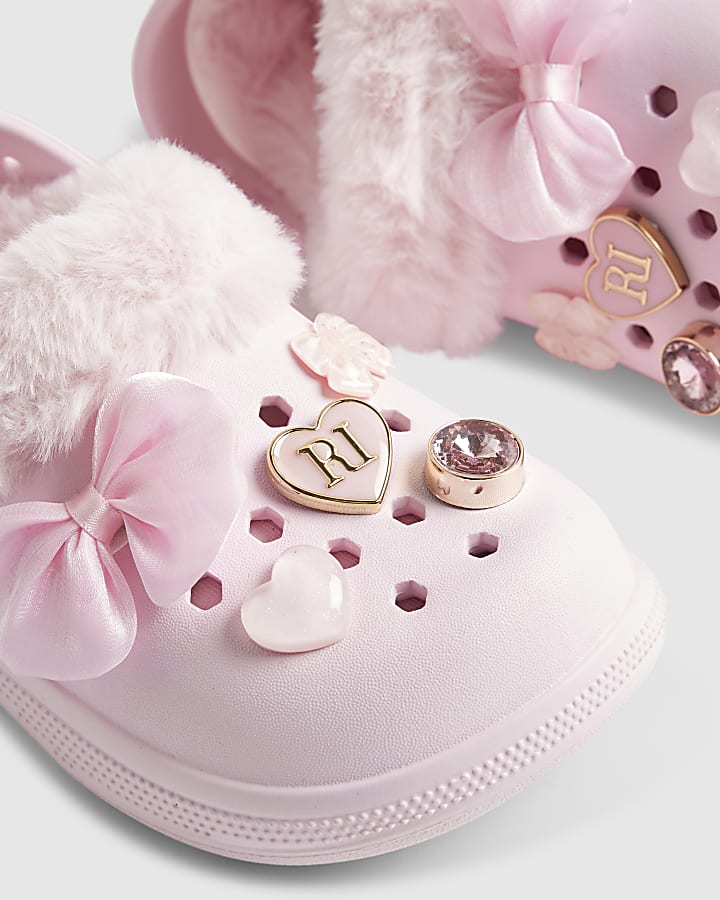 Girls Pink Faux Fur Lined Charm Clogs