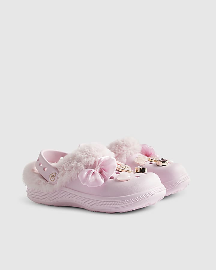 Girls Pink Faux Fur Lined Charm Clogs