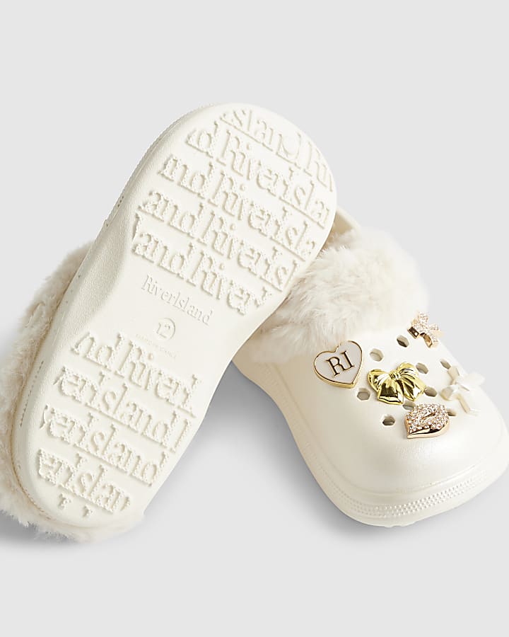 Girls Cream Faux Fur Lined Charm Clogs