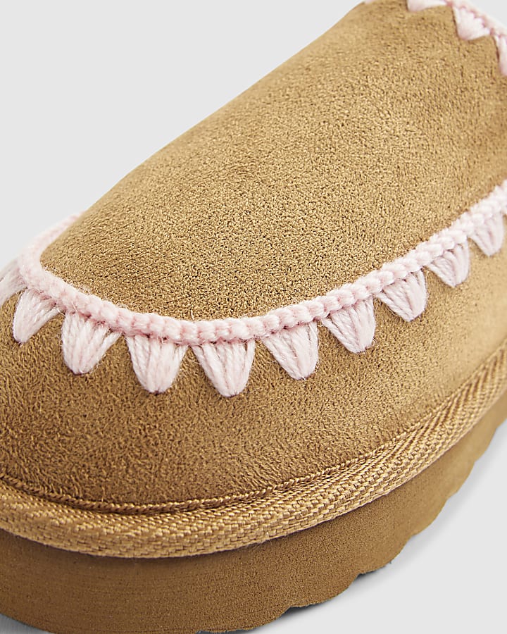 Girls Beige Whipstitch Moccasin Mule Slippers