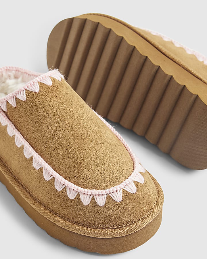 Girls Beige Whipstitch Moccasin Mule Slippers
