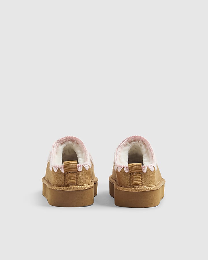 Girls Beige Whipstitch Moccasin Mule Slippers