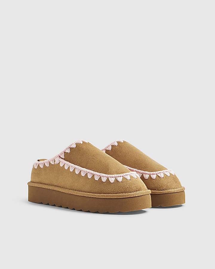 Girls Beige Whipstitch Moccasin Mule Slippers