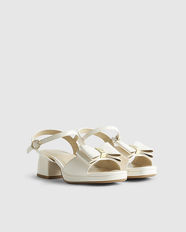 Girls Cream Patent Bow Heeled Sandals