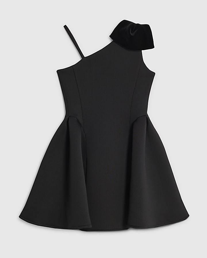 Girls Black One Shoulder Bow Skater Dress