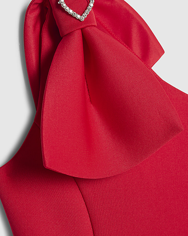 Girls Red One Shoulder Bow Scuba Dress