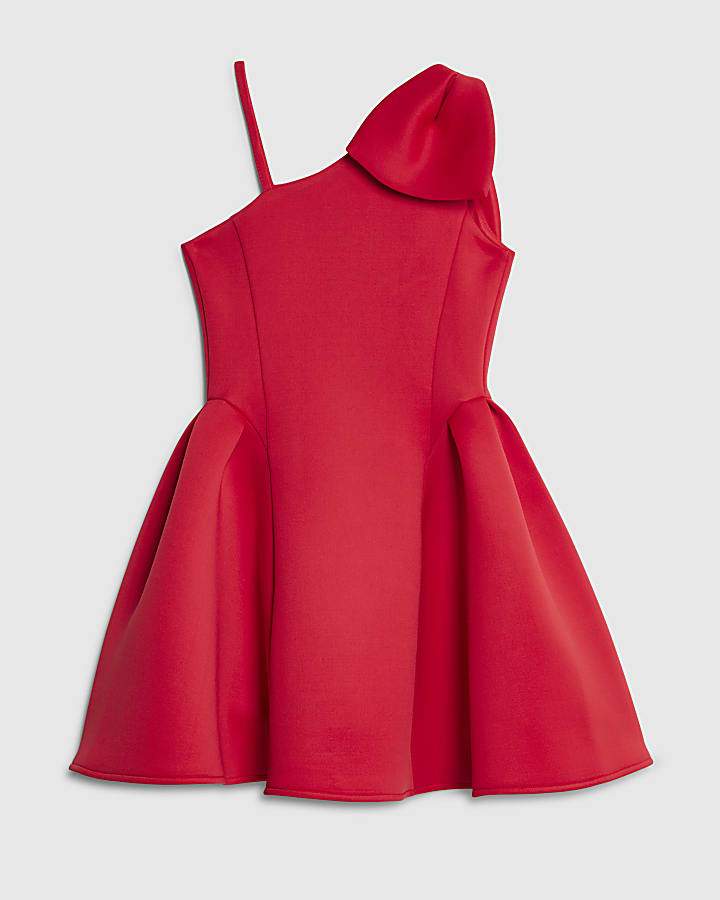 Girls Red One Shoulder Bow Scuba Dress