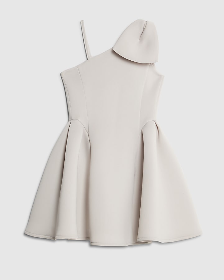 Girls Grey One Shoulder Bow Scuba Dress