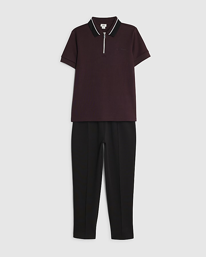 Boys Red Ottoman Collar Polo Shirt Set