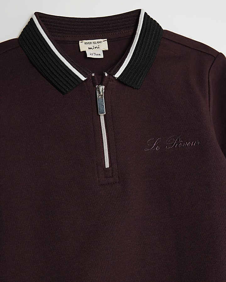 Mini Boys Red Ottoman Collar Polo Shirt Set