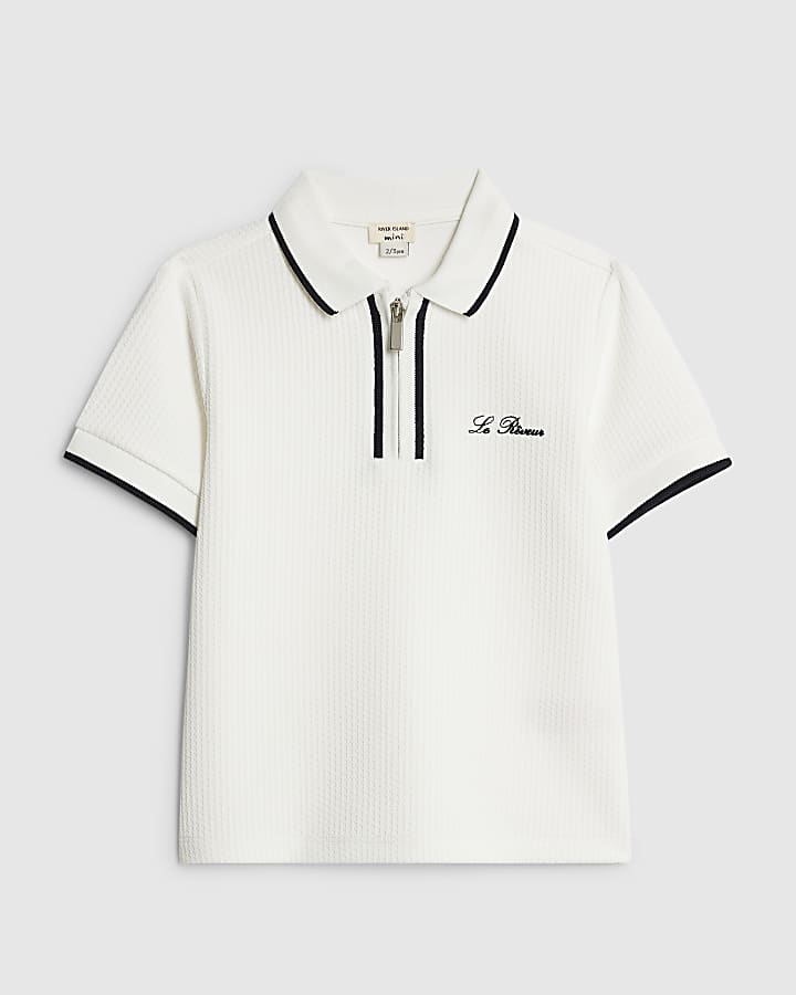 Mini Boys White Textured Polo Shirt