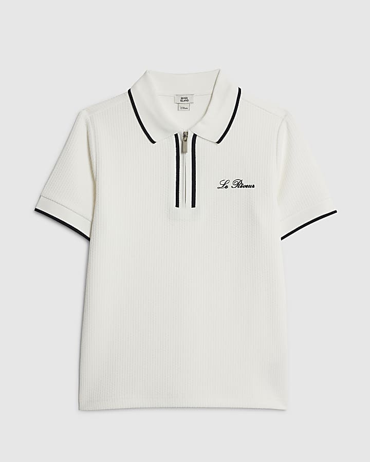 Boys White Textured Polo Shirt
