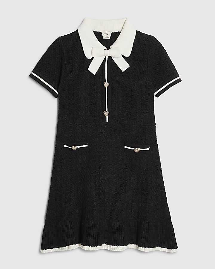 Girls Black Boucle Bow Dress