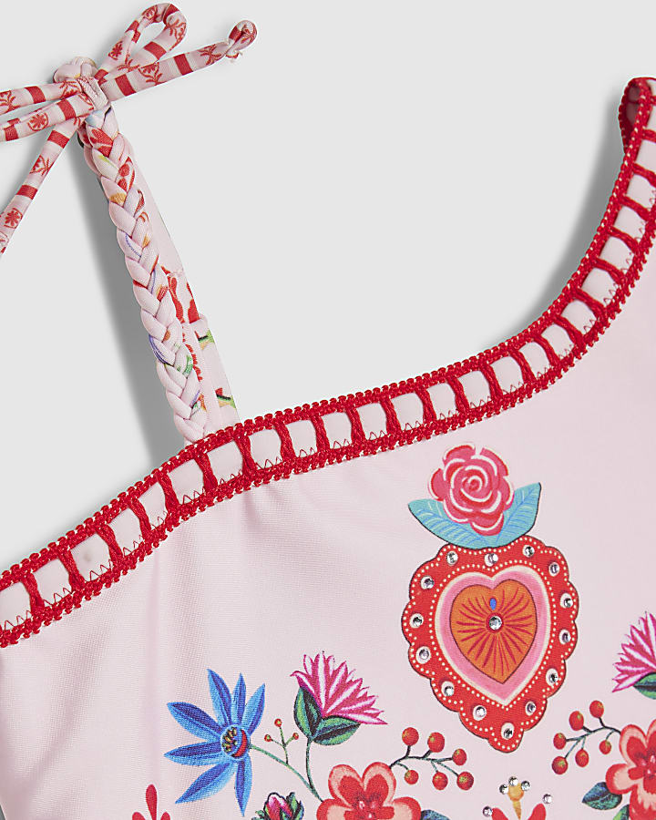 Girls Pink Floral Print Swimsuit