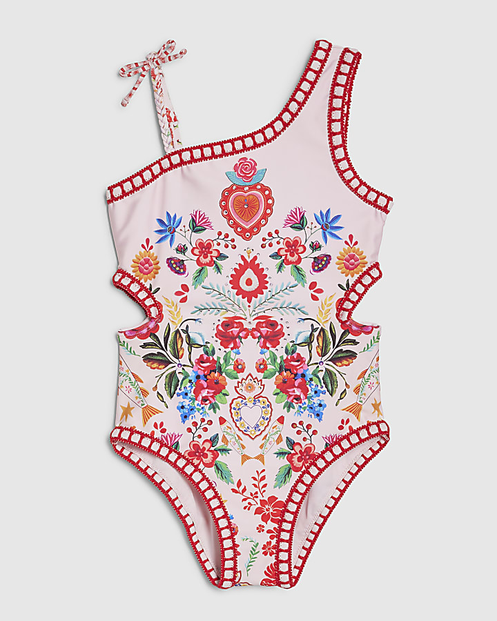 Girls Pink Floral Print Swimsuit