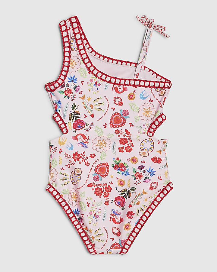 Girls Pink Floral Print Swimsuit