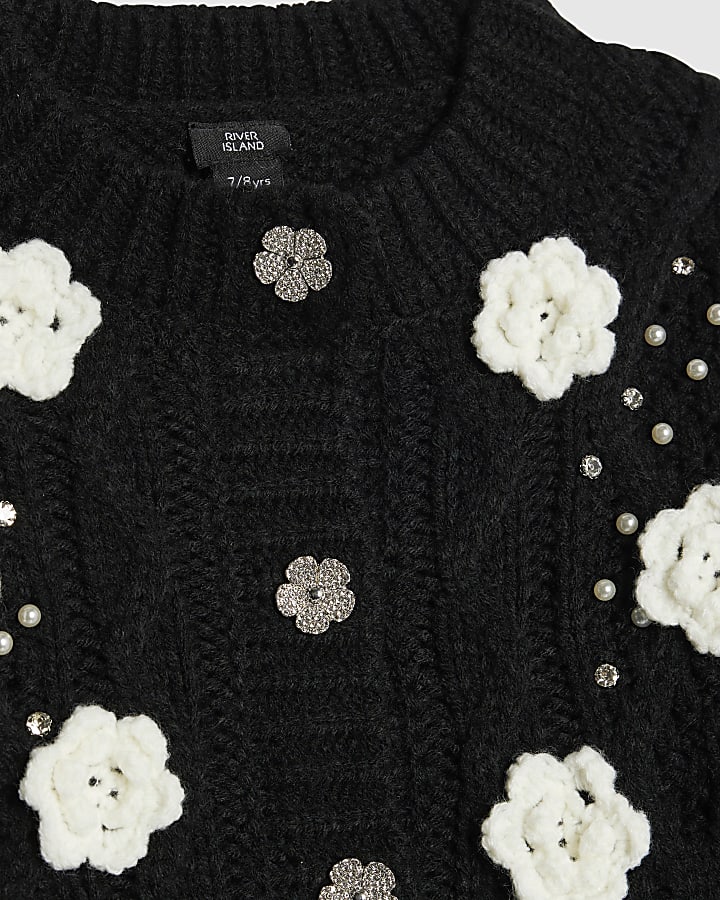 Girls Black Embellished Flower Cardigan
