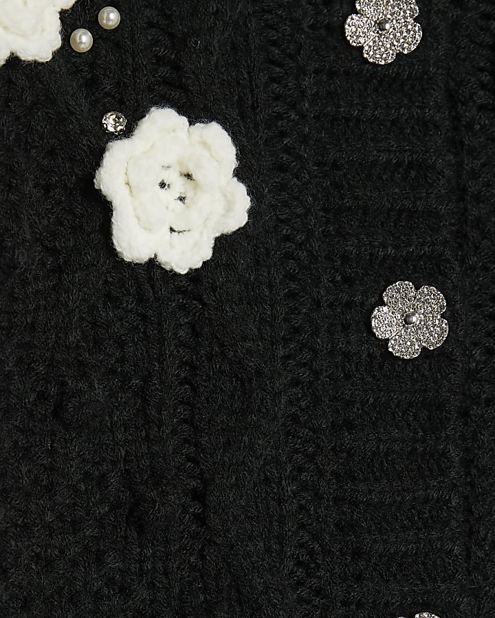 Girls Black Embellished Flower Cardigan