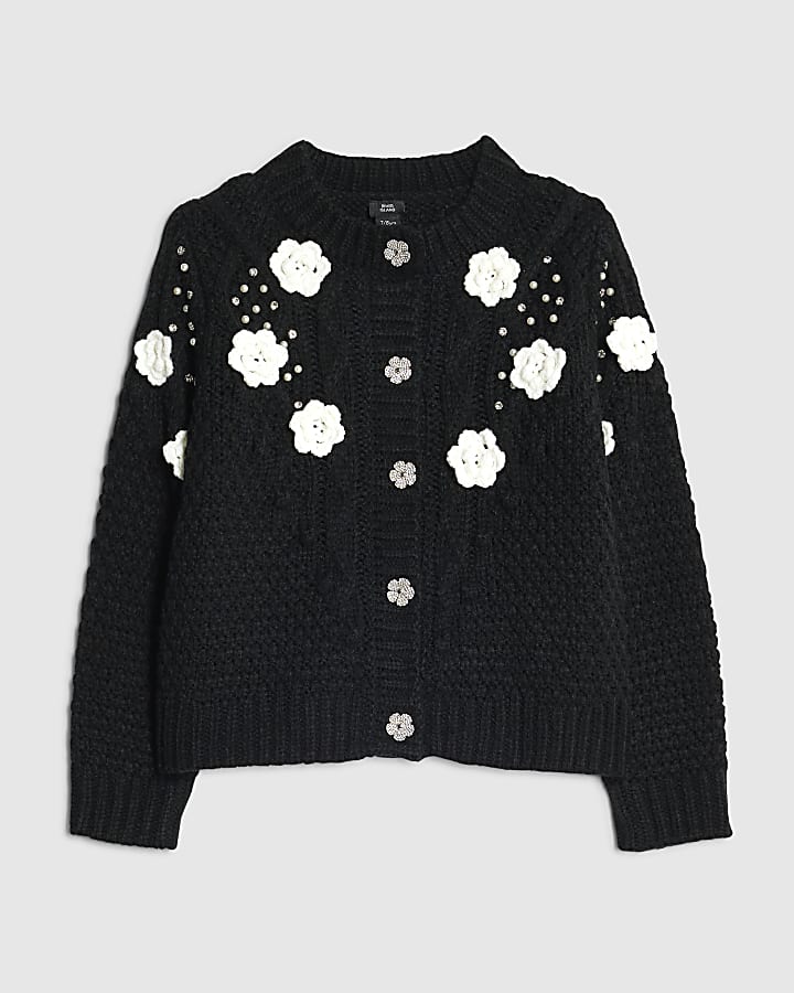 Girls Black Embellished Flower Cardigan