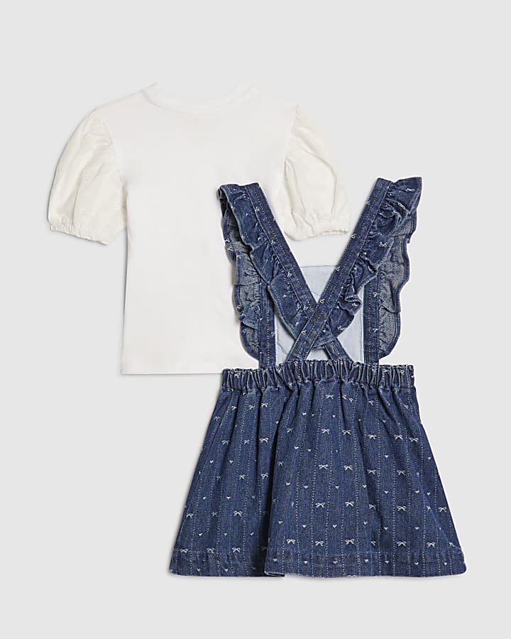 Mini Girls Blue Bow Pinafore Shirt Dress