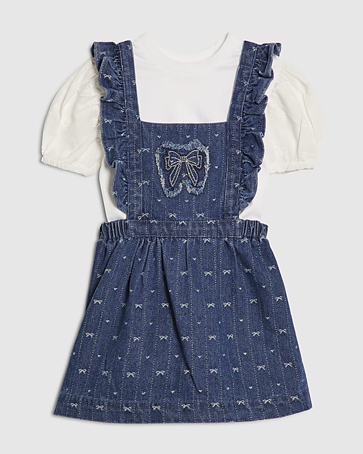 Mini Girls Blue Bow Pinafore Shirt Dress