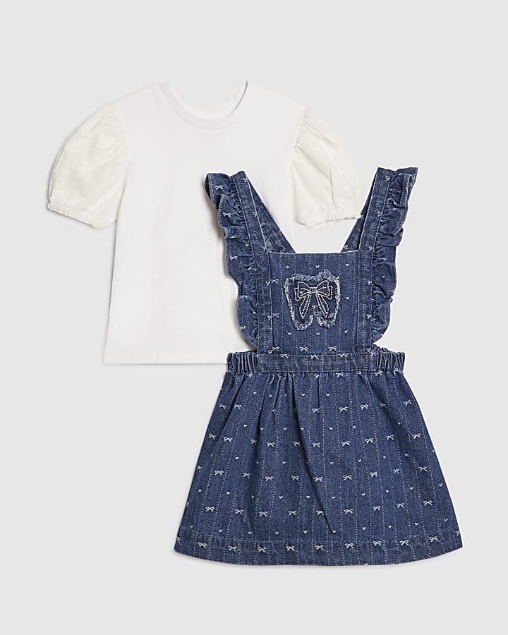 Mini Girls Blue Bow Pinafore Shirt Dress