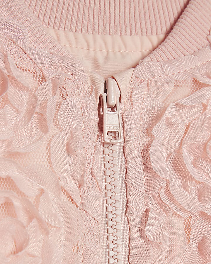 Mini Girls Pink 3D Floral Bomber Jacket