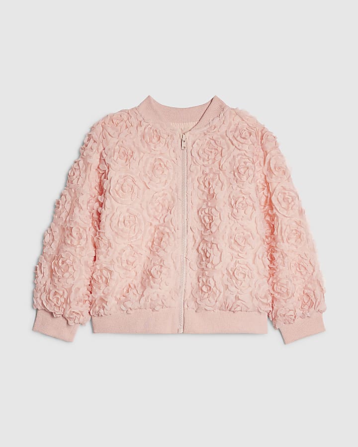Mini Girls Pink 3D Floral Bomber Jacket