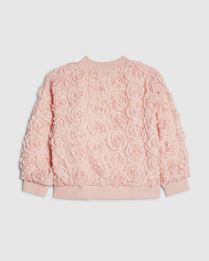 Mini Girls Pink 3D Floral Bomber Jacket