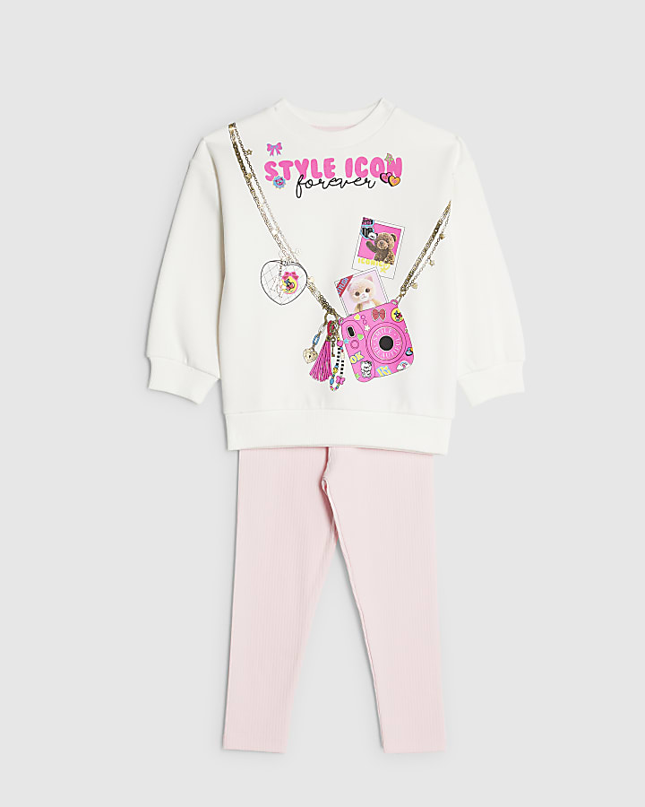 Mini Girls Beige Camera Bag Sweatshirt Set