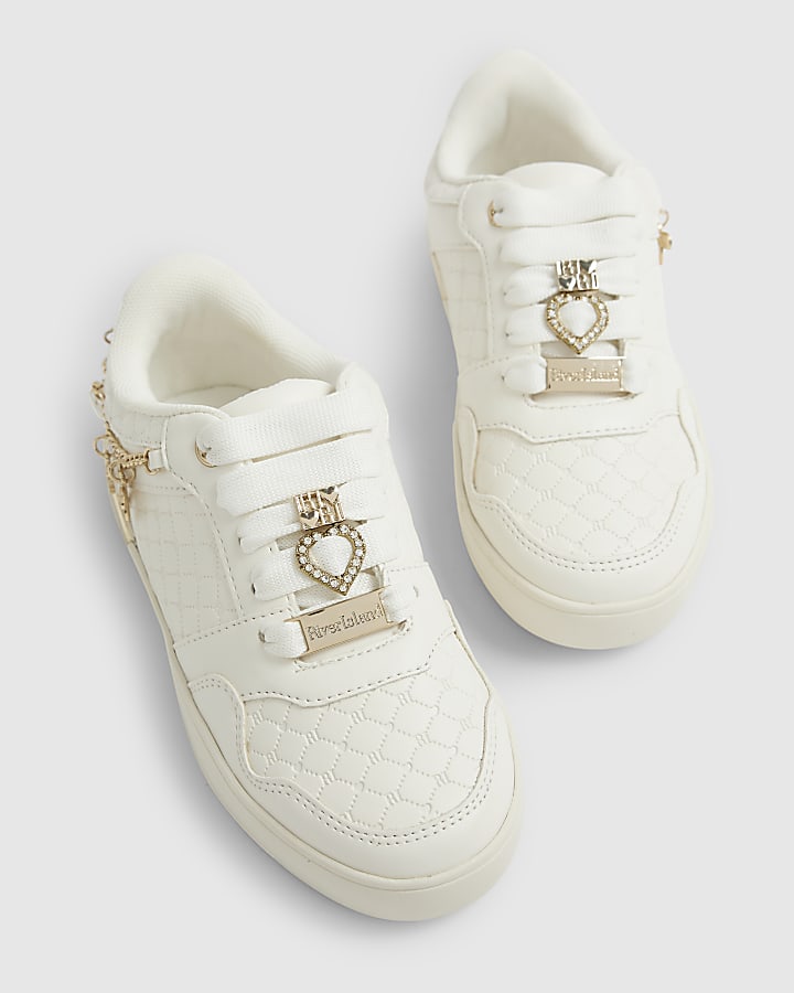 Girls White Quilted Charm Plimsole