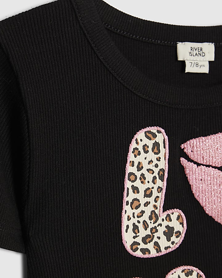 Girls Black Leopard Love T-shirt
