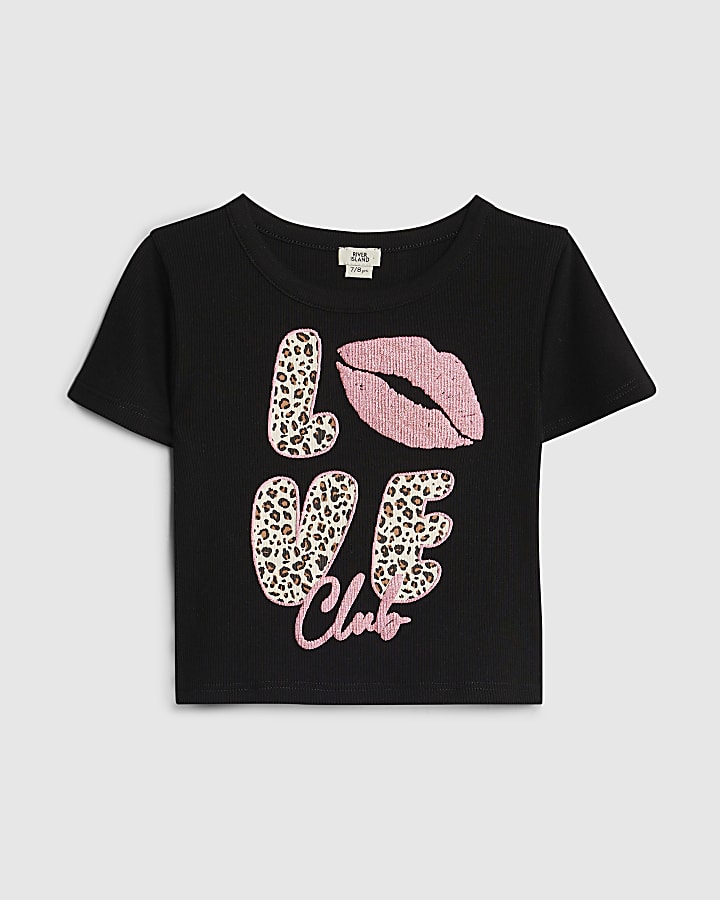 Girls Black Leopard Love T-shirt