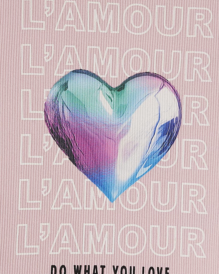 Girls Pink L'Amour Heart Ribbed T-Shirt