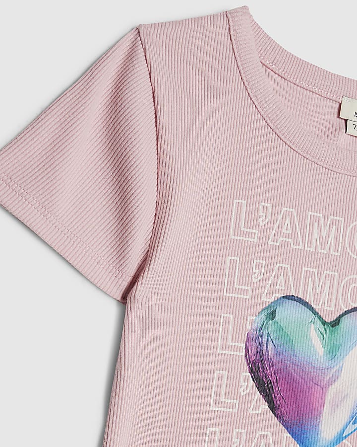 Girls Pink L'Amour Heart Ribbed T-Shirt