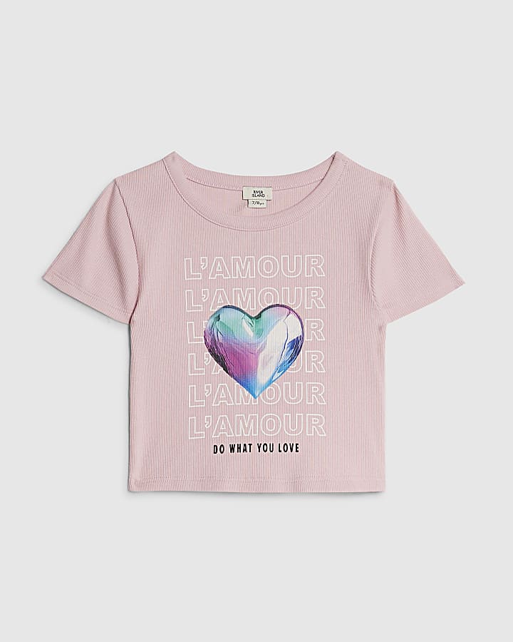 Girls Pink L'Amour Heart Ribbed T-Shirt
