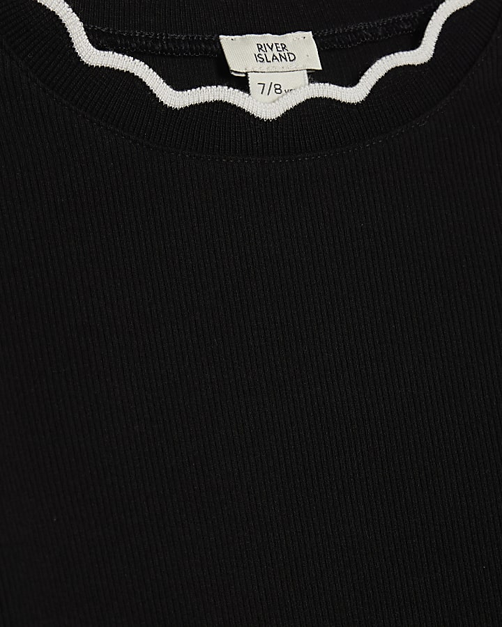 Girls Black Scallop Trim Long Sleeved Top