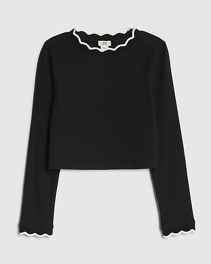 Girls Black Scallop Trim Long Sleeved Top