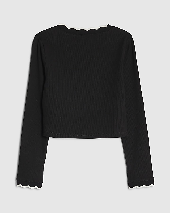 Girls Black Scallop Trim Long Sleeved Top