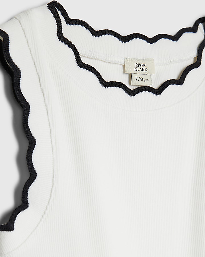 Girls White Scallop Trim Tank Top