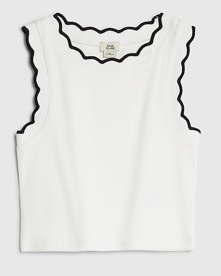 Girls White Scallop Trim Tank Top