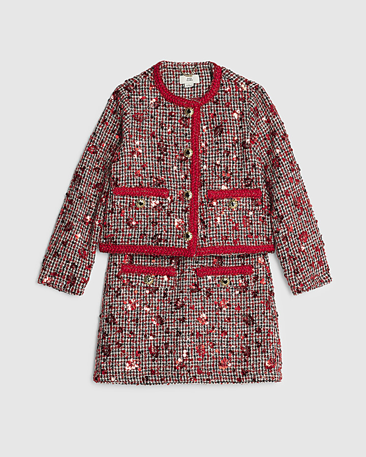 Girls Red Boucle Jacket And Skirt Set