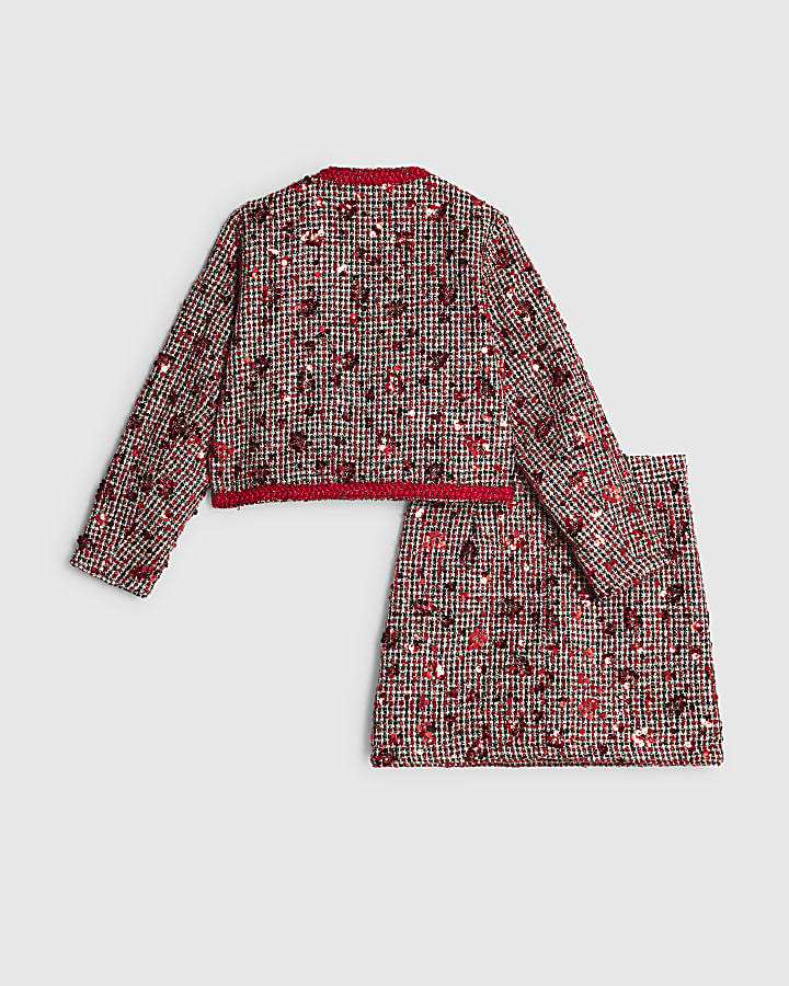 Girls Red Boucle Jacket And Skirt Set