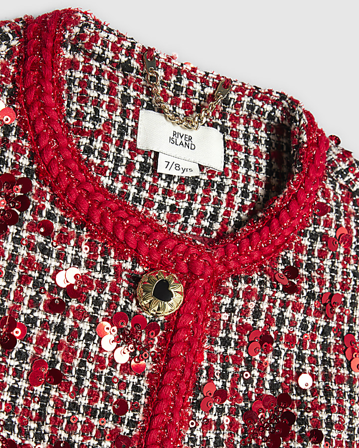 Girls Red Boucle Jacket And Skirt Set