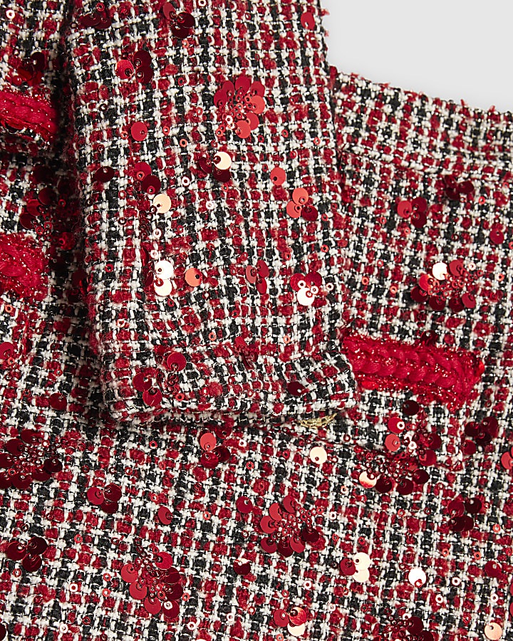 Girls Red Boucle Jacket And Skirt Set