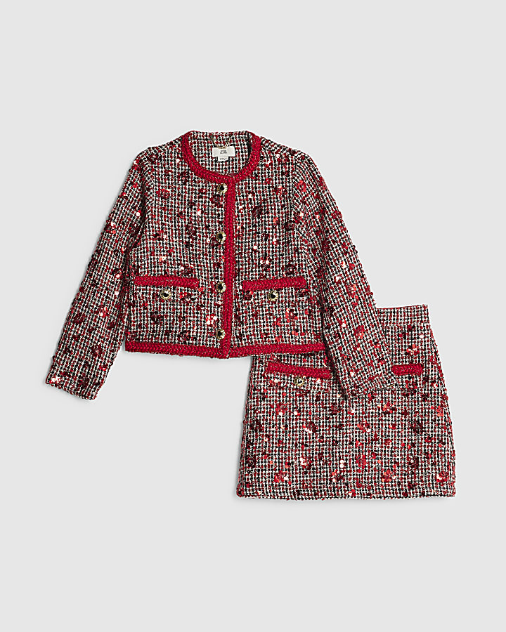 Girls Red Boucle Jacket And Skirt Set