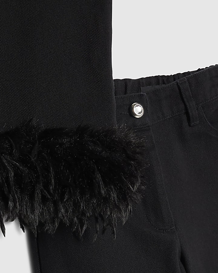 Girls Black Feather Trim Wide Leg Set