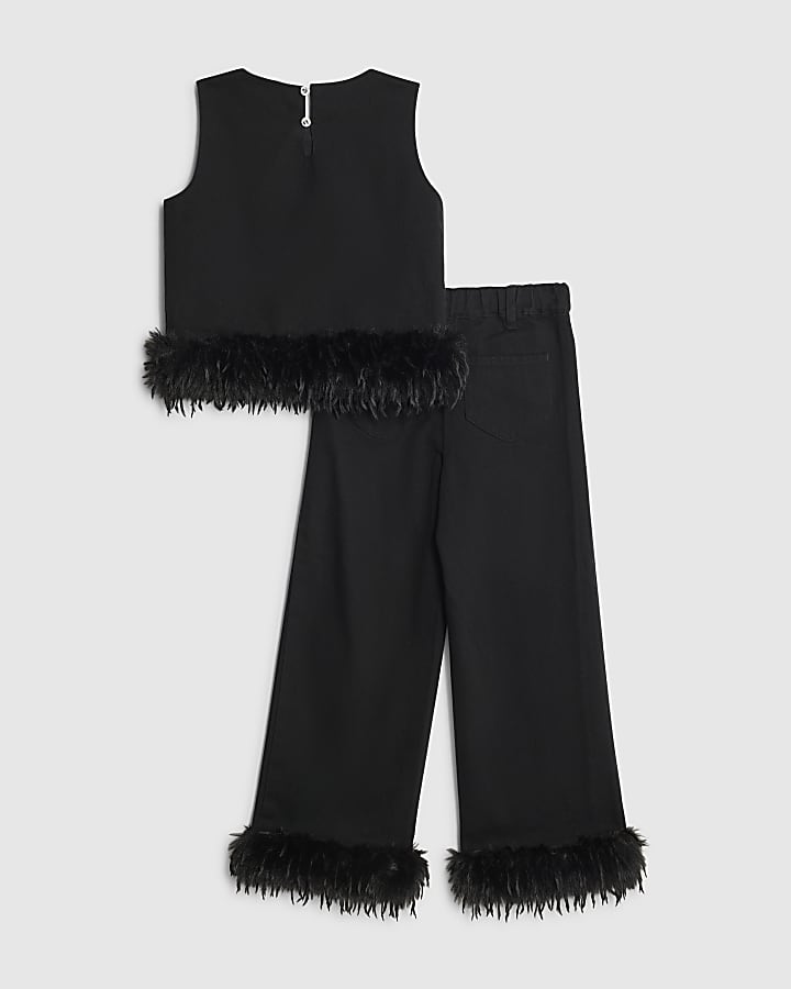 Girls Black Feather Trim Wide Leg Set