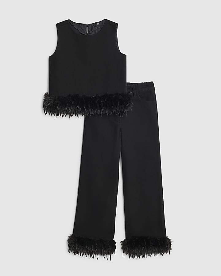 Girls Black Feather Trim Wide Leg Set