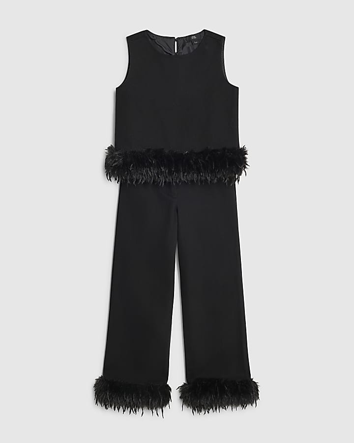 Girls Black Feather Trim Wide Leg Set